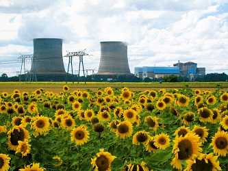 nuclear power plant with field of sunflowers in foreground